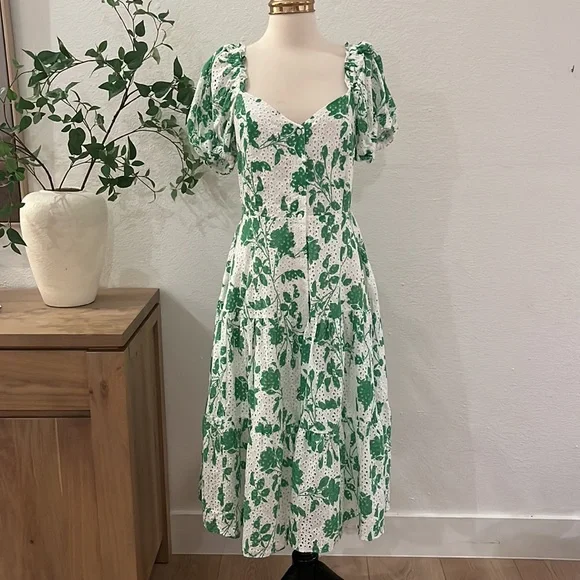 Rachel Parcell | Stencil Floral Eyelet Puff Sleeve Midi Dress Foliage Green - Picture 4 of 12